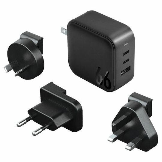 Energea Φορτιστής Χωρίς Καλώδιο GaN με Θύρα USB-A και 2 Θύρες USB-C 66W Power Delivery / Quick Charge 3.0 Μαύρος (GAN66)