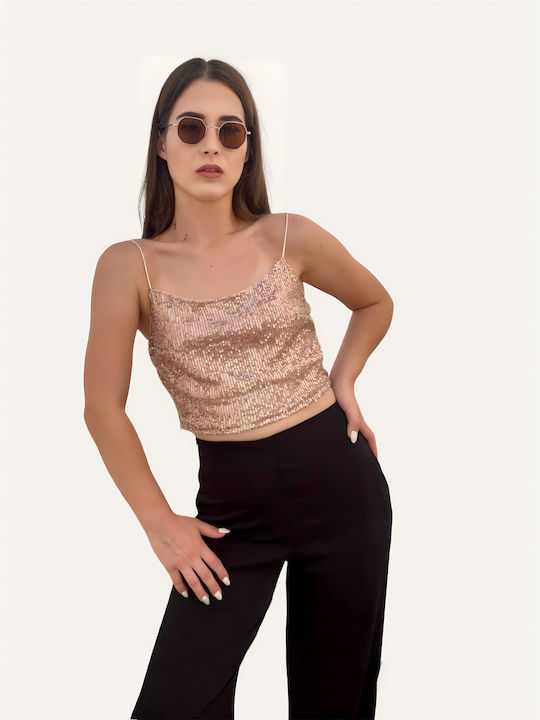 Sateen Γυναικείο Crop Top με Τιράντες Καλοκαιρινό Ροζ