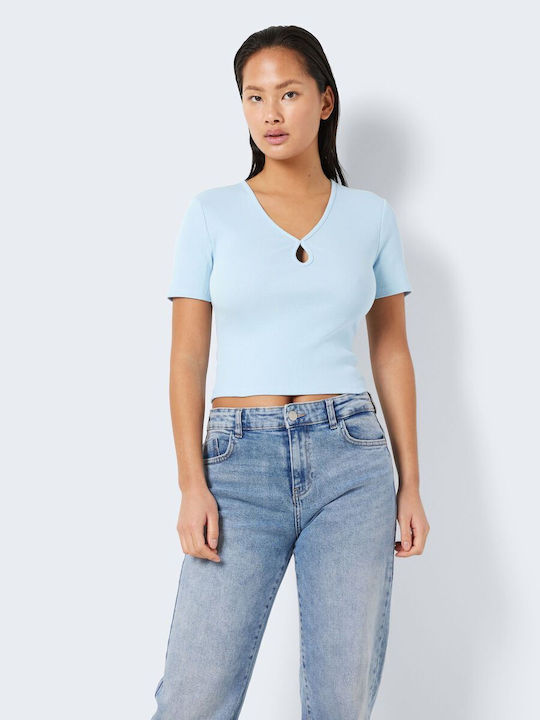 Noisy May Women's Summer Crop Top Cotton Short Sleeve with V Neckline Light Blue