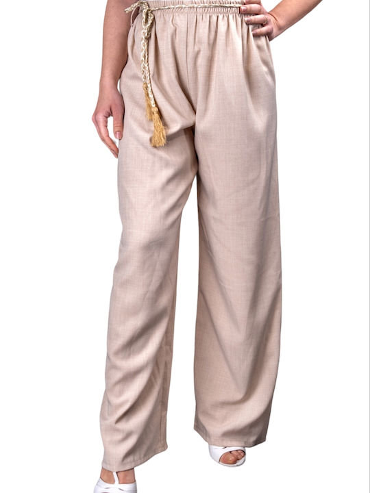 Remix Damen Stoff Hose mit Gummizug Beige