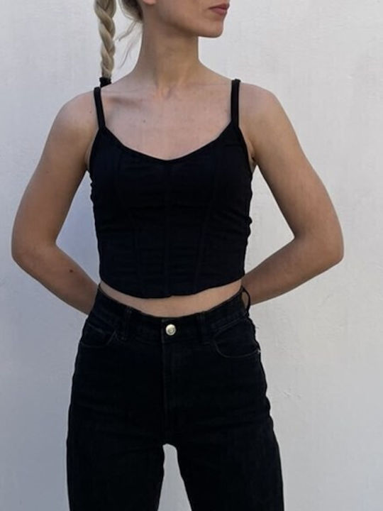 Damen Sommer Crop Top mit Trägern Schwarz
