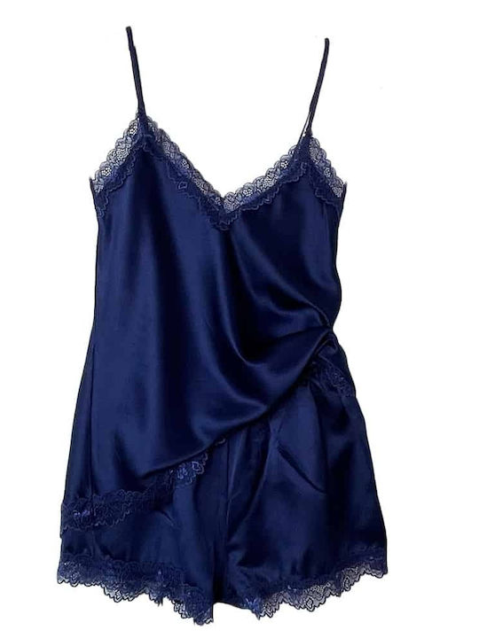 Cootaiya Sommer Damen Pyjama-Set Satin Marineblau