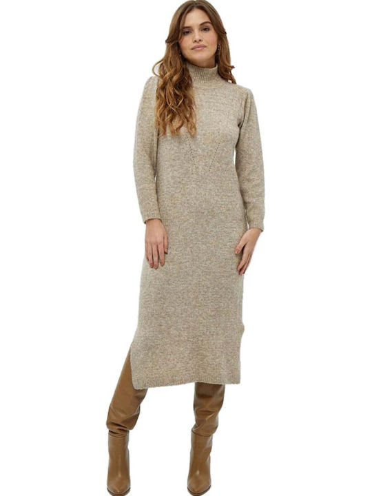 Peppercorn Midi Dress Knitted Turtleneck with Slit Beige