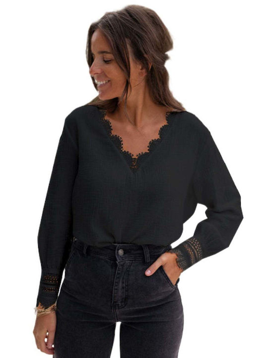 Amely Women's Summer Blouse Long Sleeve with V Neck Black