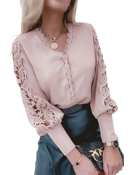 Amely Women's Summer Blouse Long Sleeve with V Neckline Pink
