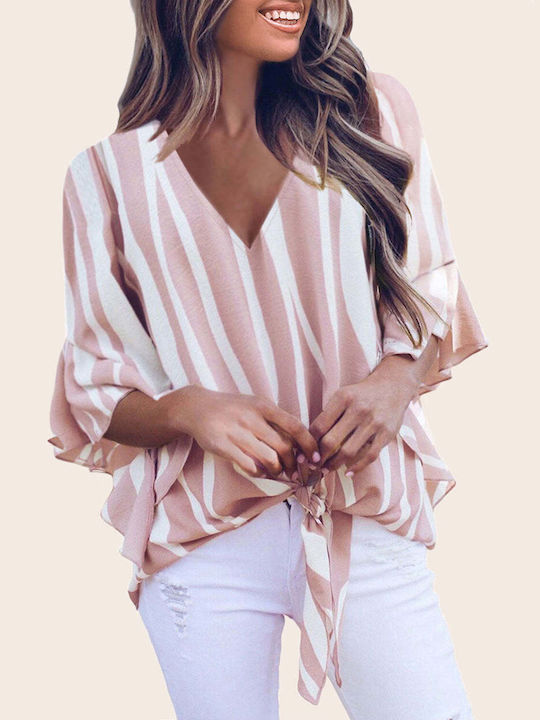 Amely Women's Blouse with 3/4 Sleeve & V Neck Striped Pink