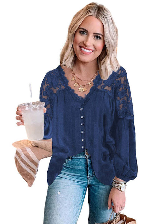 Amely Women's Blouse Long Sleeve with V Neckline Navy Blue