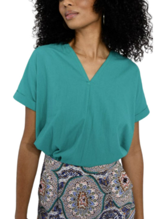 Molly Bracken Women's Summer Blouse Short Sleeve with V Neckline Green