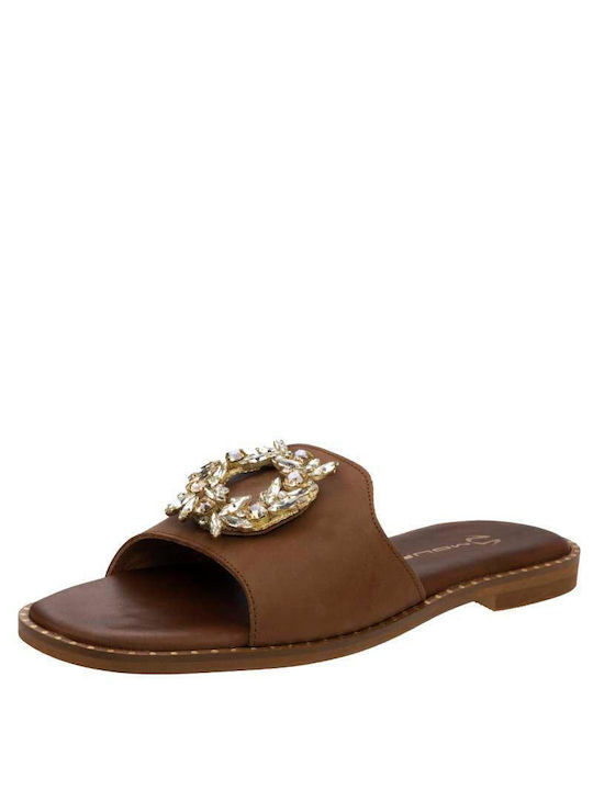 Kiamos Leather Women's Sandals with Strass Brown