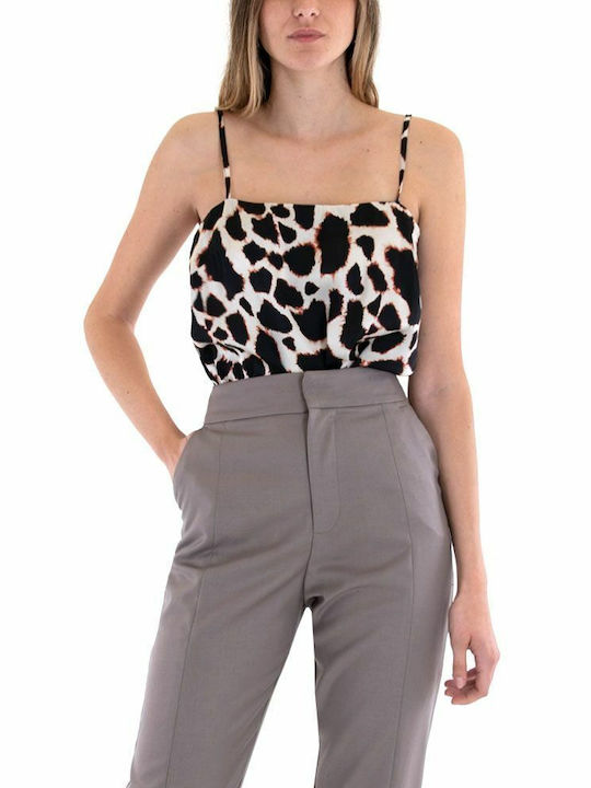 Black & Black Women's Summer Blouse with Straps Animal Print Black