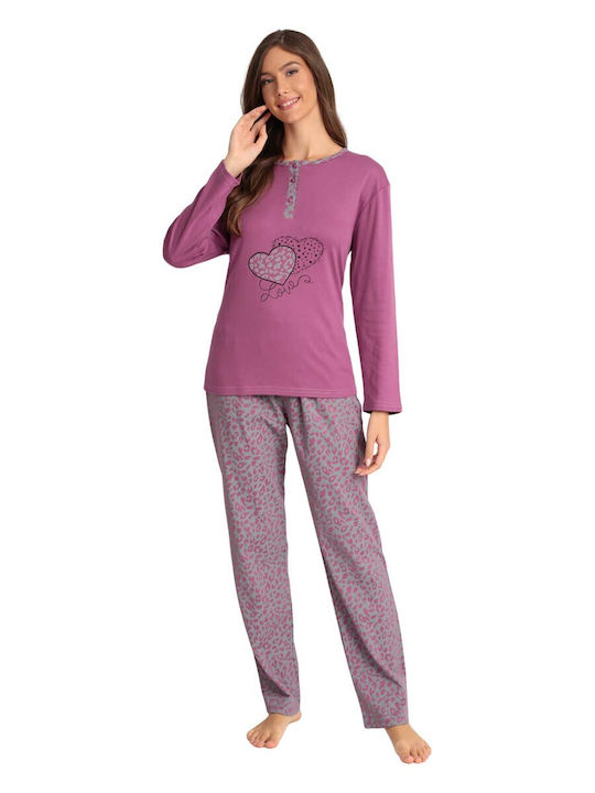 Lydia Creations Winter Women's Pyjama Set Cotton Purple