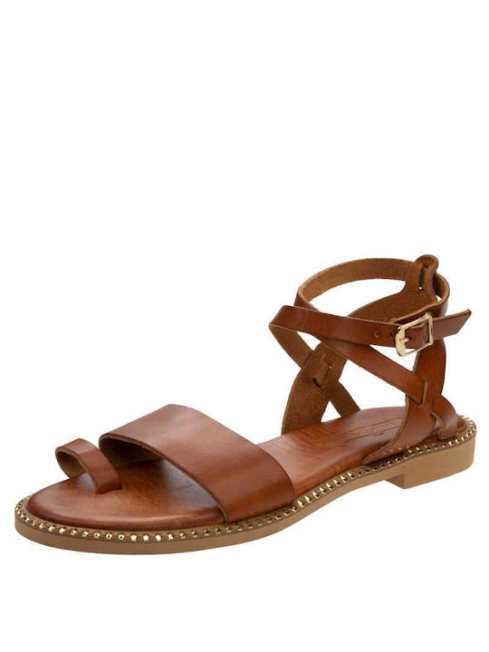 Baroque Leather Women's Sandals with Ankle Strap Tabac Brown