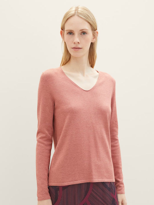 Tom Tailor Women's Long Sleeve Pullover Cotton with V Neck Pink
