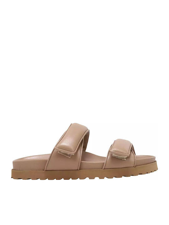Leather Women's Flat Sandals in Beige Color