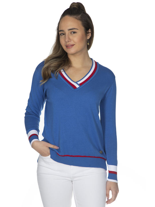 Vera Women's Blouse Cotton Long Sleeve with V Neck Blue