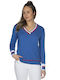 Vera Women's Blouse Cotton Long Sleeve with V Neckline Blue