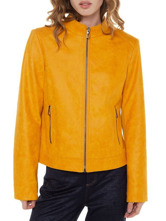 Desigual Women's Short Lifestyle Leather Jacket for Winter Yellow
