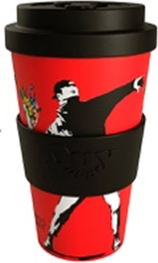 QuyCup Banksy The Flower Thrower Κούπα Πλαστική με Καπάκι Κόκκινη 400ml