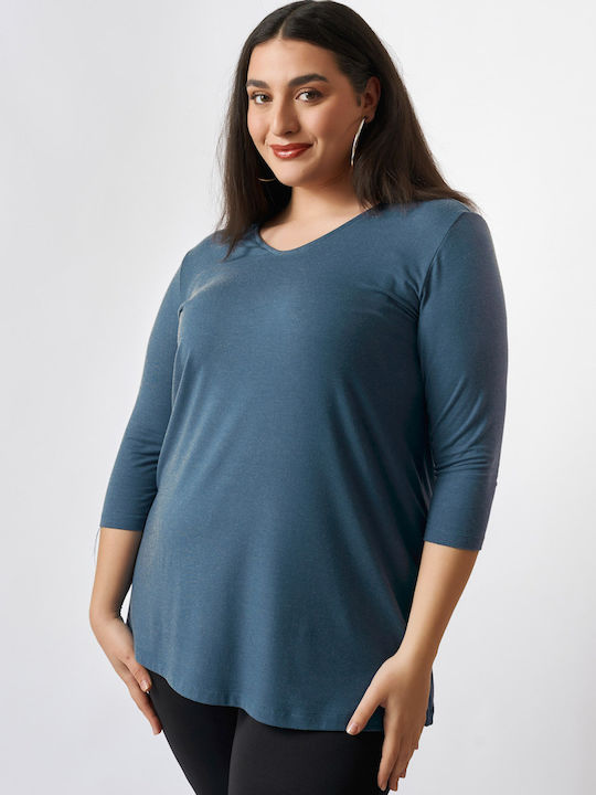 Women's Blouse with 3/4 Sleeve & V Neckline Light Blue