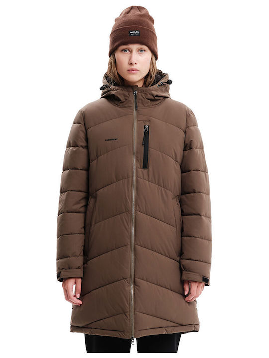 Emerson Μακρύ Γυναικείο Puffer Μπουφάν Καφέ