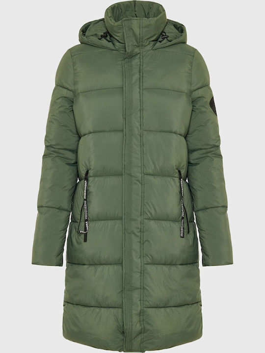 Women's Short Puffer Jacket for Winter with Hood Green