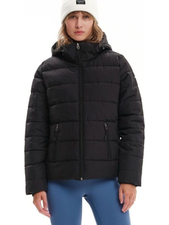 Women's Short Puffer Jacket Waterproof and Windproof for Winter with Detachable Hood Black