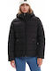 Women's Short Puffer Jacket Waterproof and Windproof for Winter with Detachable Hood Black