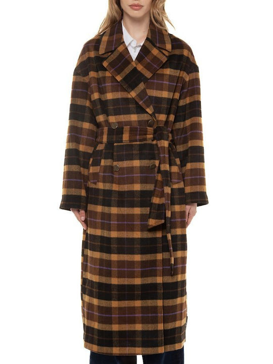 Tom Tailor Women's Checked Long Coat with Buttons Brown