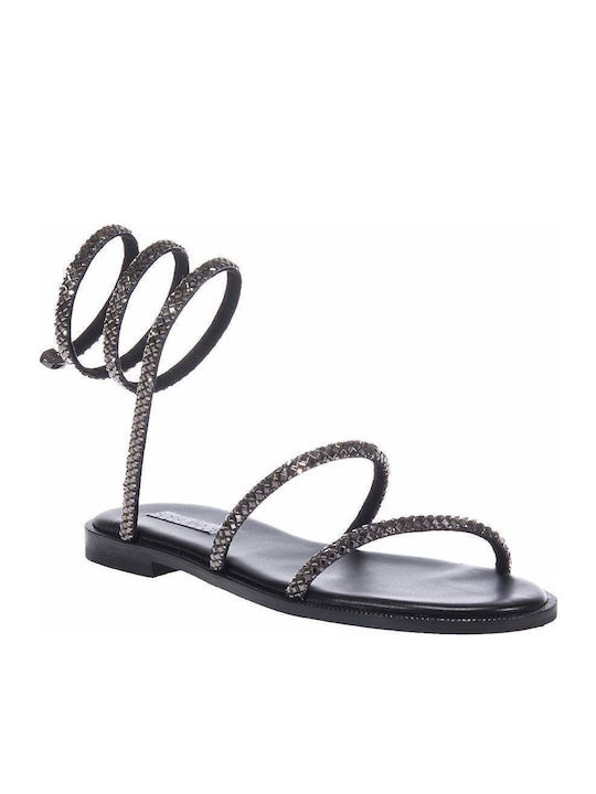 Leather Women's Flat Sandals with Strap in Silver Color