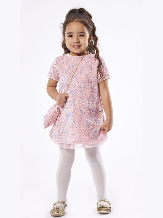 Εβίτα Παιδικό Φόρεμα με Παγιέτες Κοντομάνικο Ροζ