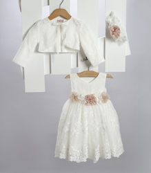 New Life Λευκό Βαπτιστικό Σετ Ρούχων με Αξεσουάρ Μαλλιών , Ζακετάκι & Φόρεμα 3τμχ