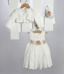 New Life White Baptism Outfit with Hair Accessories , Cardigan & Dress 3pcs