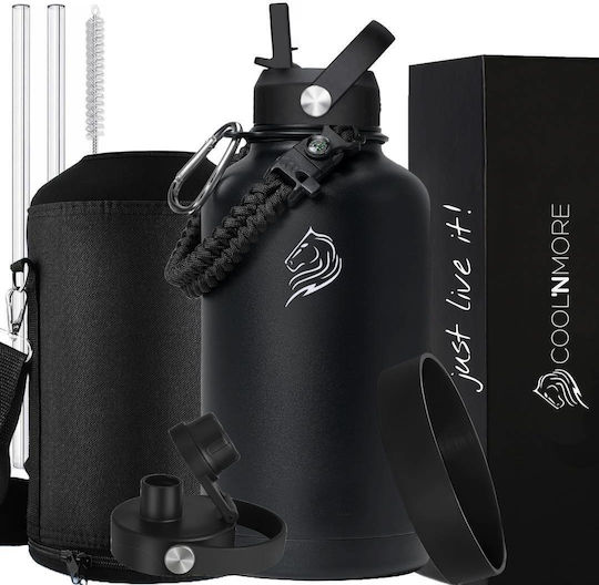 Cool'NMore Jet Stainless Steel Thermos Bottle BPA Free 2lt Jet Black with Handle Straw Loop and Mouthpiece