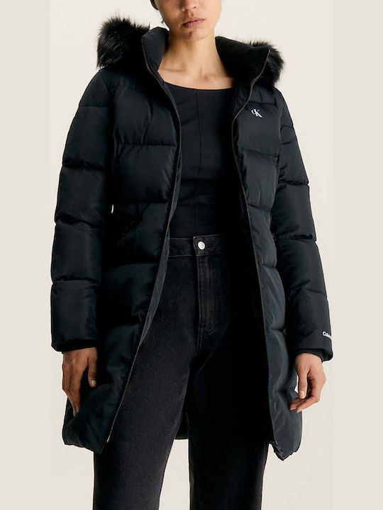 Women's Long Puffer Jacket for Winter with Hood Black
