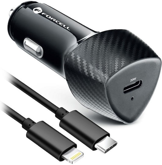 Forcell Auto-Ladegerät 20W Schnellladen mit einer Buchse 1xType-C zusammen mit Lightning / Type-C Kabel Schwarz