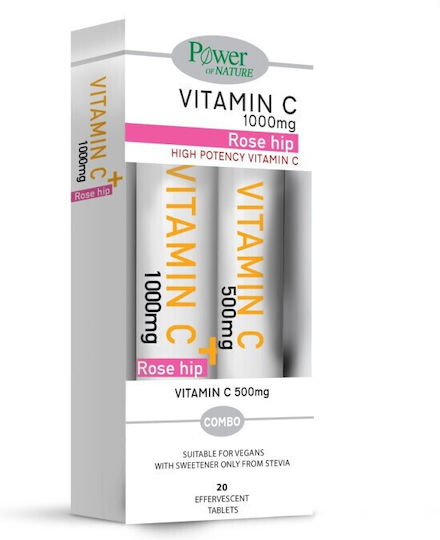 Power Of Nature Vitamin C Vitamin C 1000mg Rose Hip 20 effervescent tablets & Vitamin C 500mg 20 effervescent tablets for Immune System Boost, the Skin & Antioxidant Action 1000mg Orange