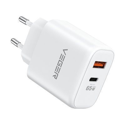 Veger Φορτιστής Χωρίς Καλώδιο με Θύρα USB-A και Θύρα USB-C 65W Power Delivery / Quick Charge 3.0 Λευκός (TC650)