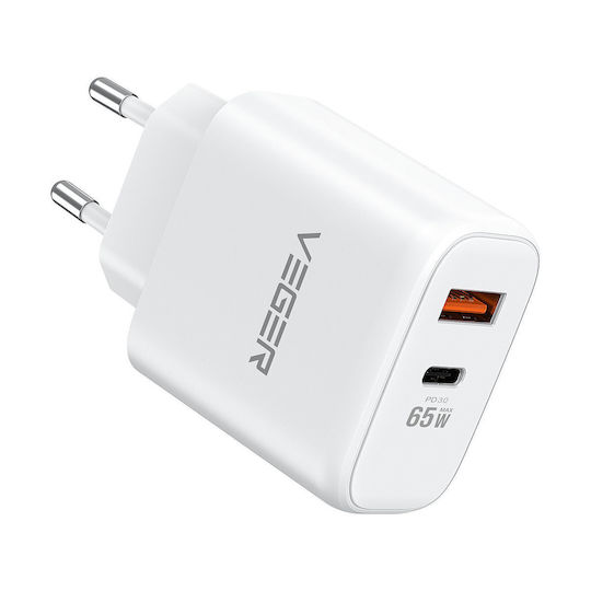 Veger Φορτιστής Χωρίς Καλώδιο GaN με Θύρα USB-A και Θύρα USB-C 65W Power Delivery / Quick Charge 3.0 / SuperCharge Λευκός (TC650)
