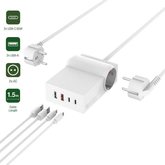 4Smarts Βάση Φόρτισης GaN με 2 Θύρες USB-A και 2 Θύρες USB-C 65W σε Λευκό χρώμα (6in1 Power Strip Desk Gan)