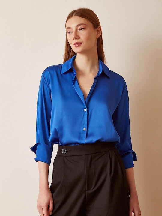 Concept Women's Satin Long Sleeve Shirt Blue