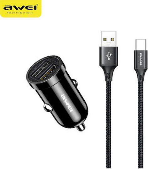 Awei C-826T Car Charger 2.4A Fast Charging with Ports 2xUSB 1xType-C including Type-C Cable Black Color