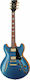Harley Benton Elektrische Gitarre ES mit HH Tonabnehmerkonfiguration Metallic Blue mit Tasche