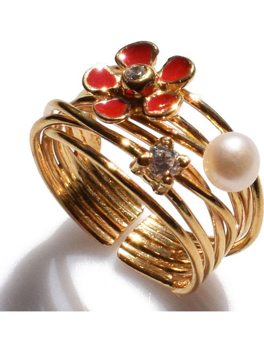 Bizoutaki Ring with Pearls, Zircon & Enamel made of Silver Gold Plated Bizoutaki Ring with Pearls, Zircon & Enamel made of Silver Gold Plated