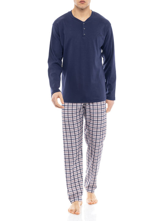 Pink Label Men's Winter Checked Pajamas Set Blue