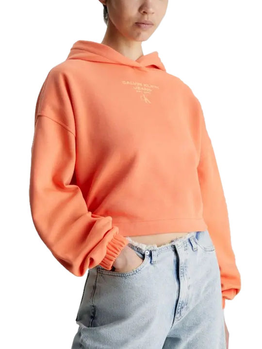Calvin Klein Cropped Γυναικείο Φούτερ με Κουκούλα Πορτοκαλί
