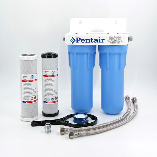Pentair 3GSL-10 DUO Sistem de Filtrare a Apei Dublu Sub blat cu Filtru de Schimb Pentek WE-CTO-10 5μm, Pentek WE-MTBE-10 1μm