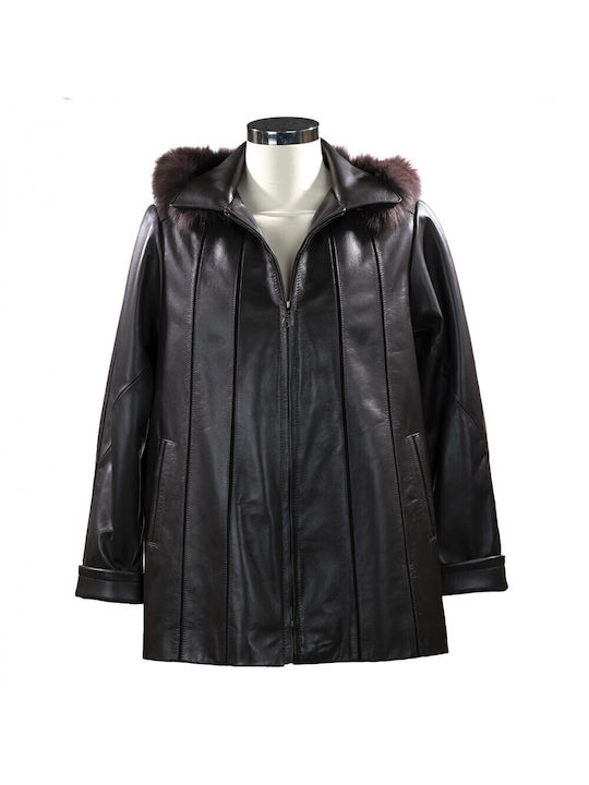 Ageridis Leather Κοντό Δερμάτινο Γυναικείο Μπουφάν για Χειμώνα Μαύρο