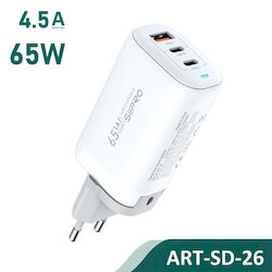 SiiPro Charger Without Cable with USB-A Port and 2 USB-C Ports 65W Power Delivery Whites (Sd-26)