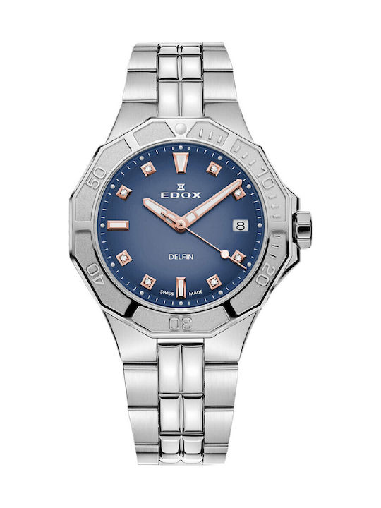 Edox Delfin Ανδρικό Ρολόι 38mm Μπαταρίας με Ασημί Μεταλλικό Μπρασελέ
