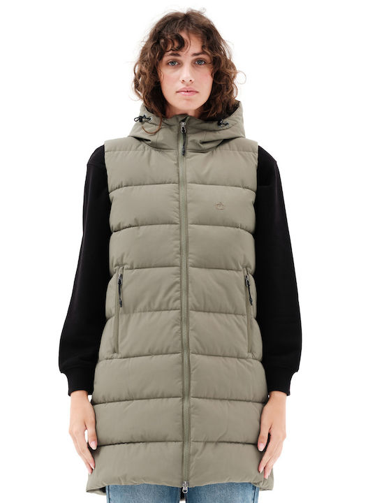 Lungă Jachetă de femei Fără mâneci Puffer Kaki